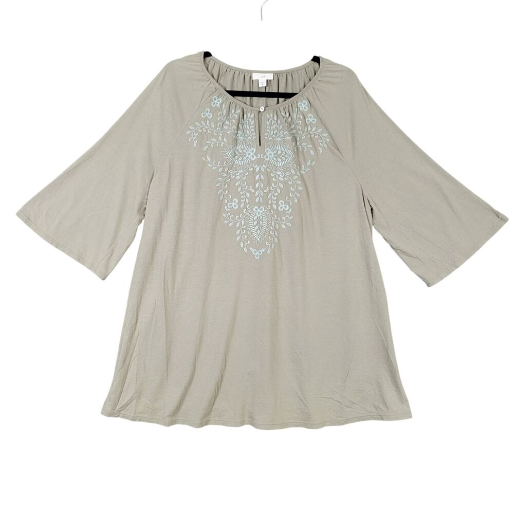 J JILL Green Floral Embroidered Boho Peasant Tunic Top Cotton Modal SIZE XL